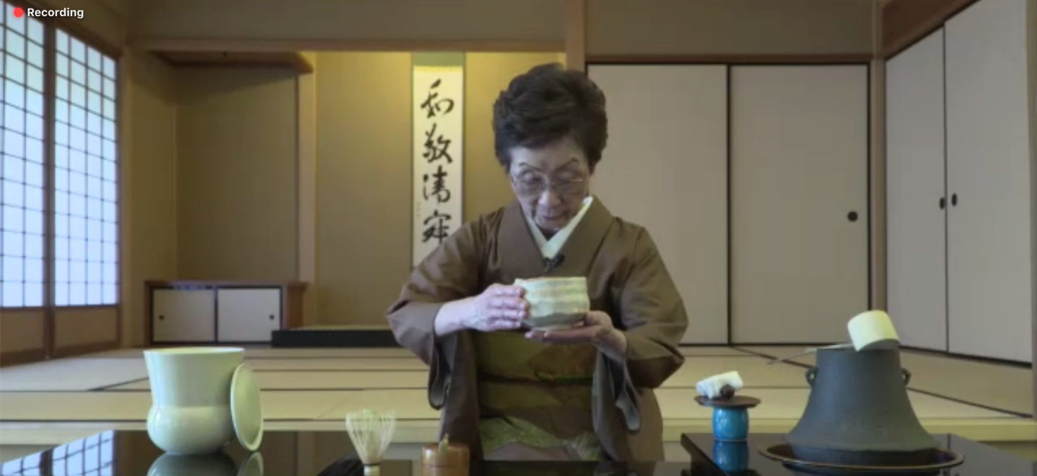 Professor Kimiko Gunji presents a bowl of tea online